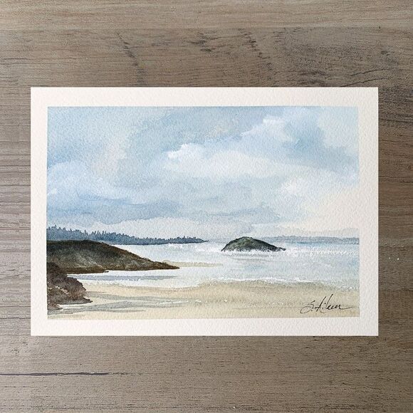 Watercolor Painting Original Seascape Coast Beach Sky Rock "Pendulum" Signed 5x7 - Picture 2 of 3